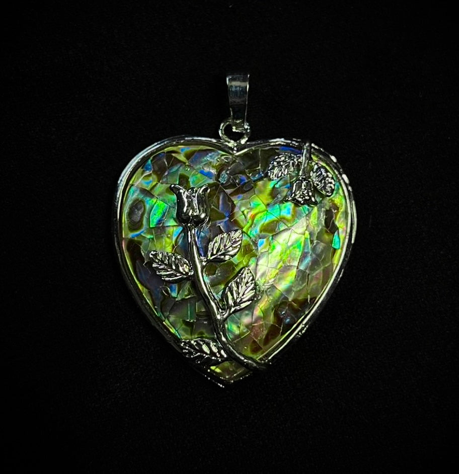 Silver Vintage Abalone Crystal Heart Pendant