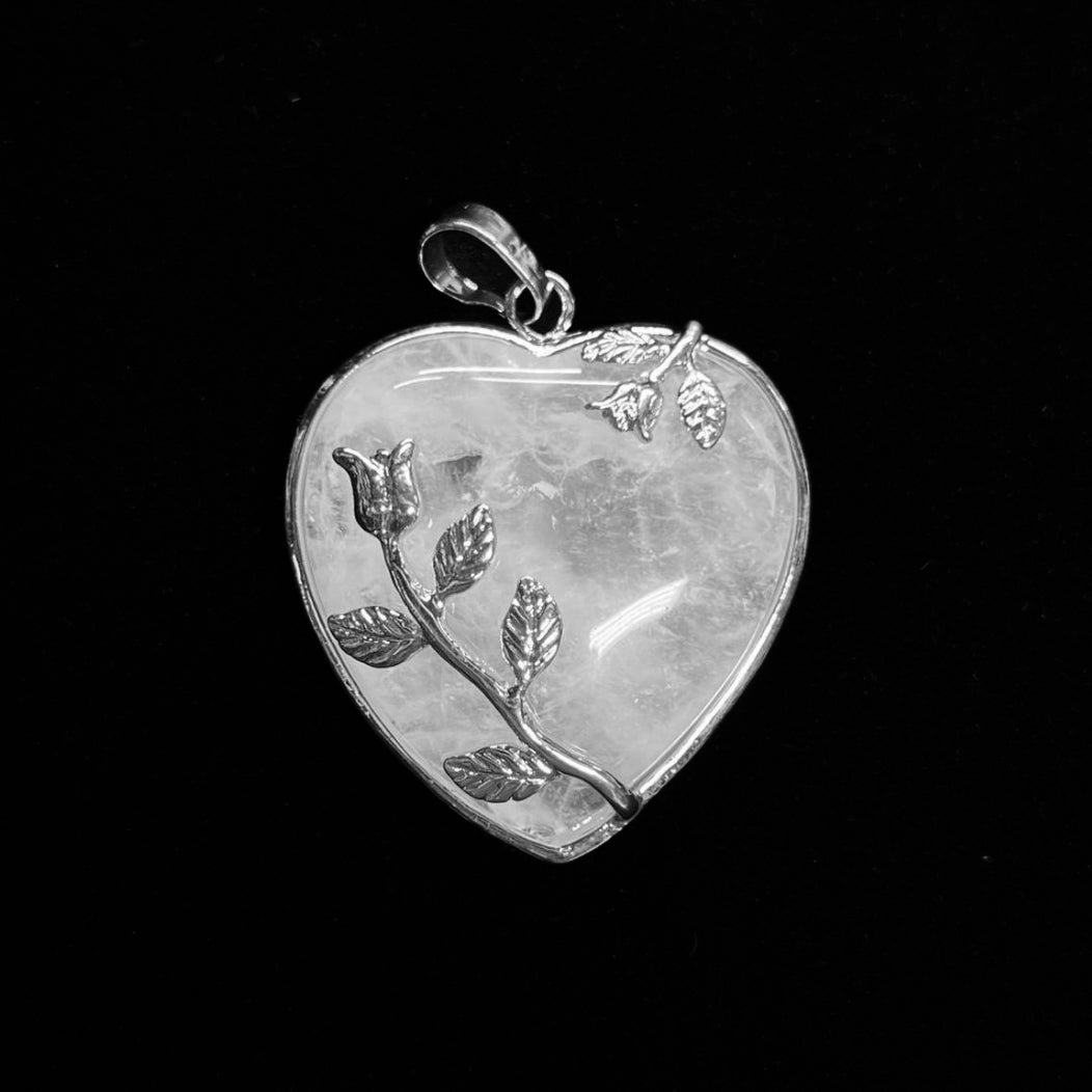 Silver Clear Quartz Crystal Heart Pendant